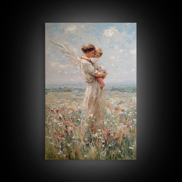 Protective Angel Mother And Child In Windy Meadow Canvas Print, Christian Wall Art, Nursery Art, Motherhood Gift For Her