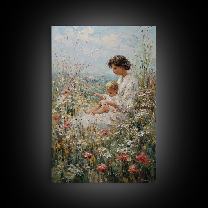 Mother And Child Resting In Daisy And Poppy Meadow Wall Art, Impressionist Floral Decor, Nursery Art Print, Gift For Mom