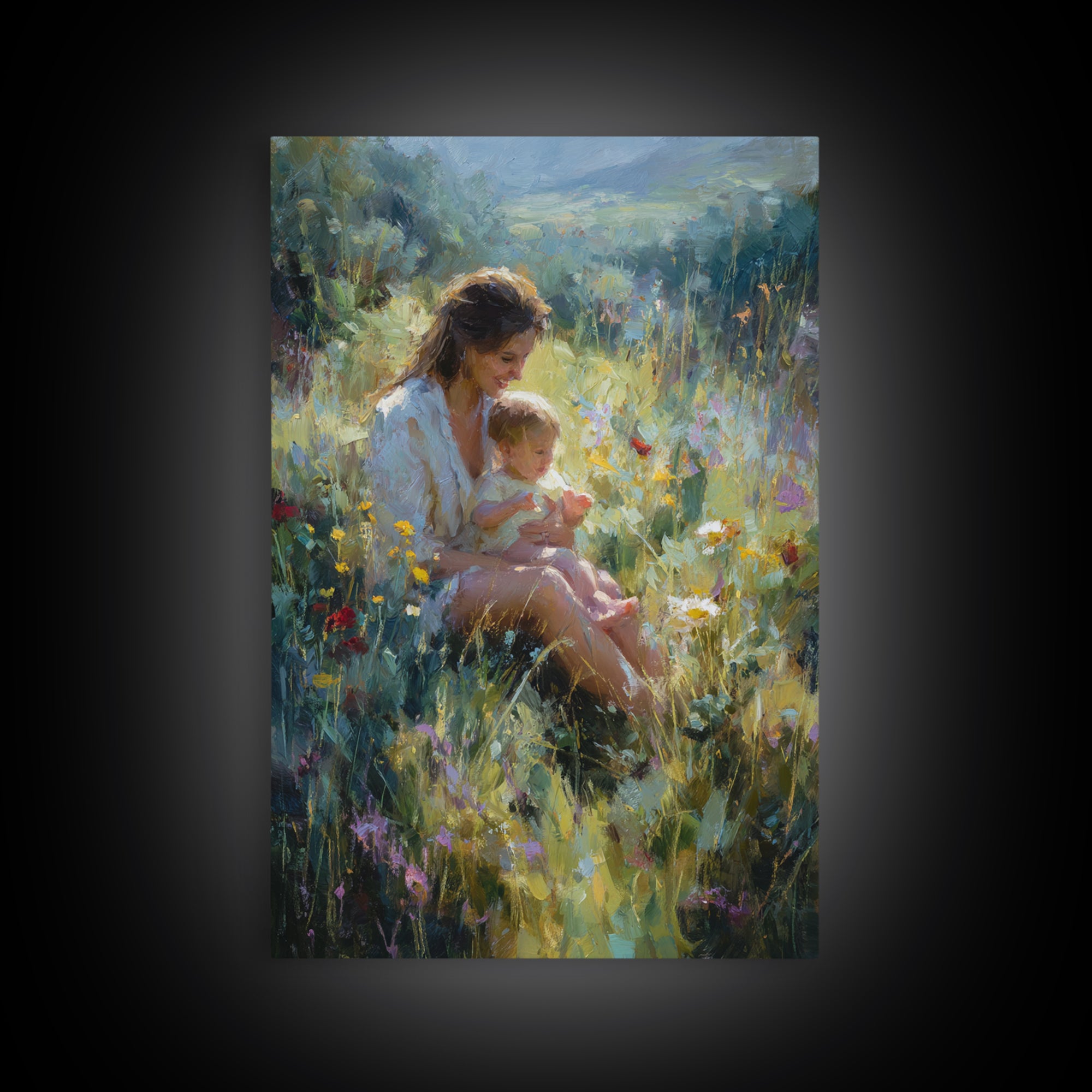 Glowing Mother And Baby In Mountain Wildflower Meadow Wall Art, Impressionist Landscape Decor, Nursery Art, Gift For Mom