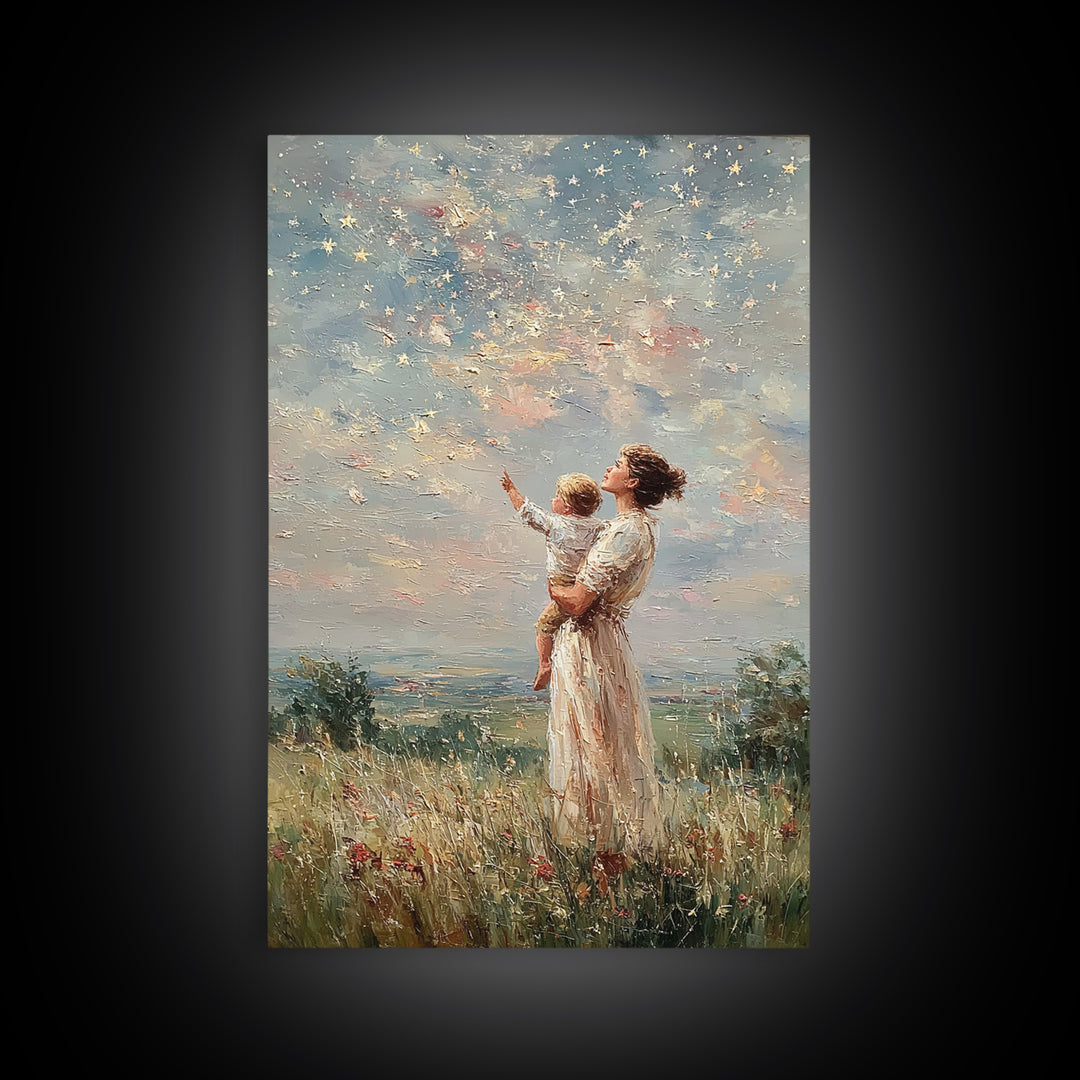 Mother Holding Child Beneath Starry Sky In Meadow Framed Canvas Print, Celestial Wall Art, Christian Nursery Decor, Gift