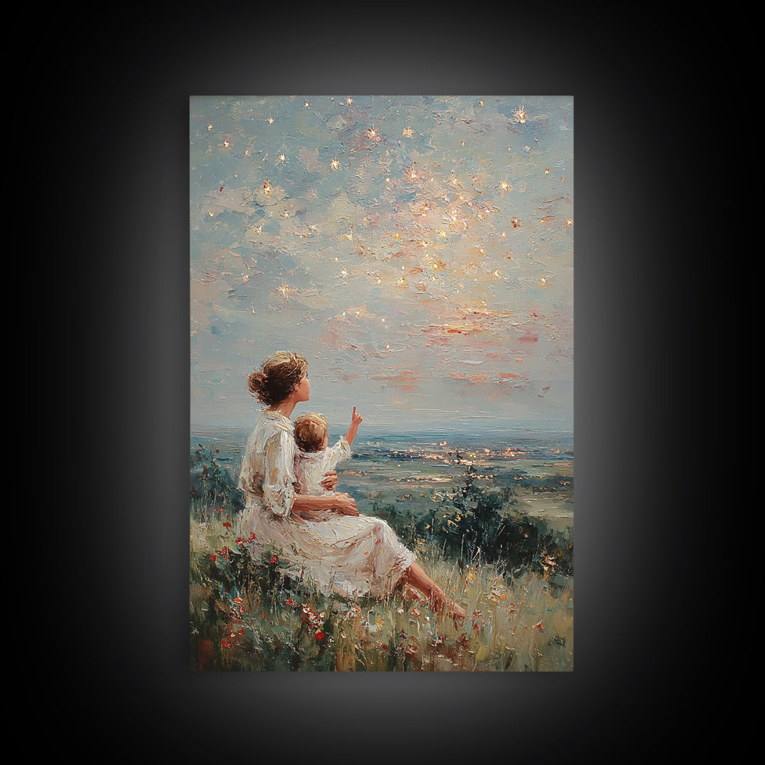 Mother And Child Under Sparkling Sky Wall Art, Impressionist Meadow Landscape Print, Nursery Decor, Gift For Mom, Living Room Decor