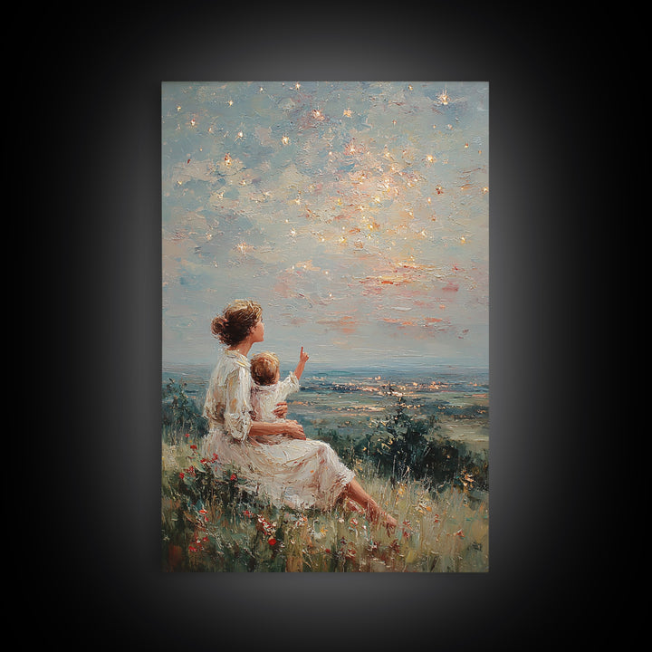 Mother And Child Under Sparkling Sky Wall Art, Impressionist Meadow Landscape Print, Nursery Decor, Gift For Mom, Living Room Decor