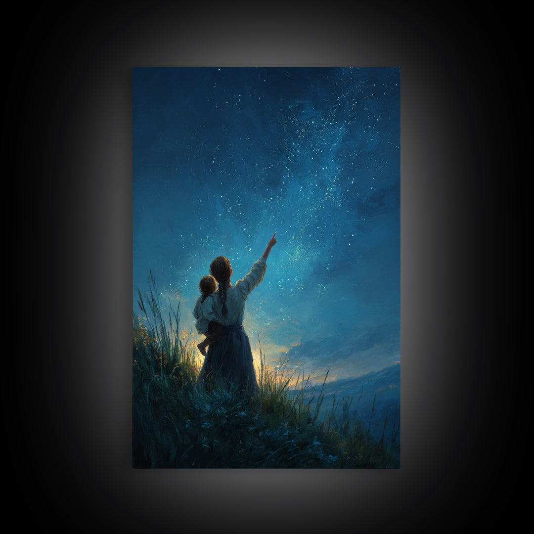 Mother And Child Stargazing At Milky Way Framed Canvas Print, Celestial Wall Art, Night Sky Decor, Nursery Gift, Mystical Home Decor
