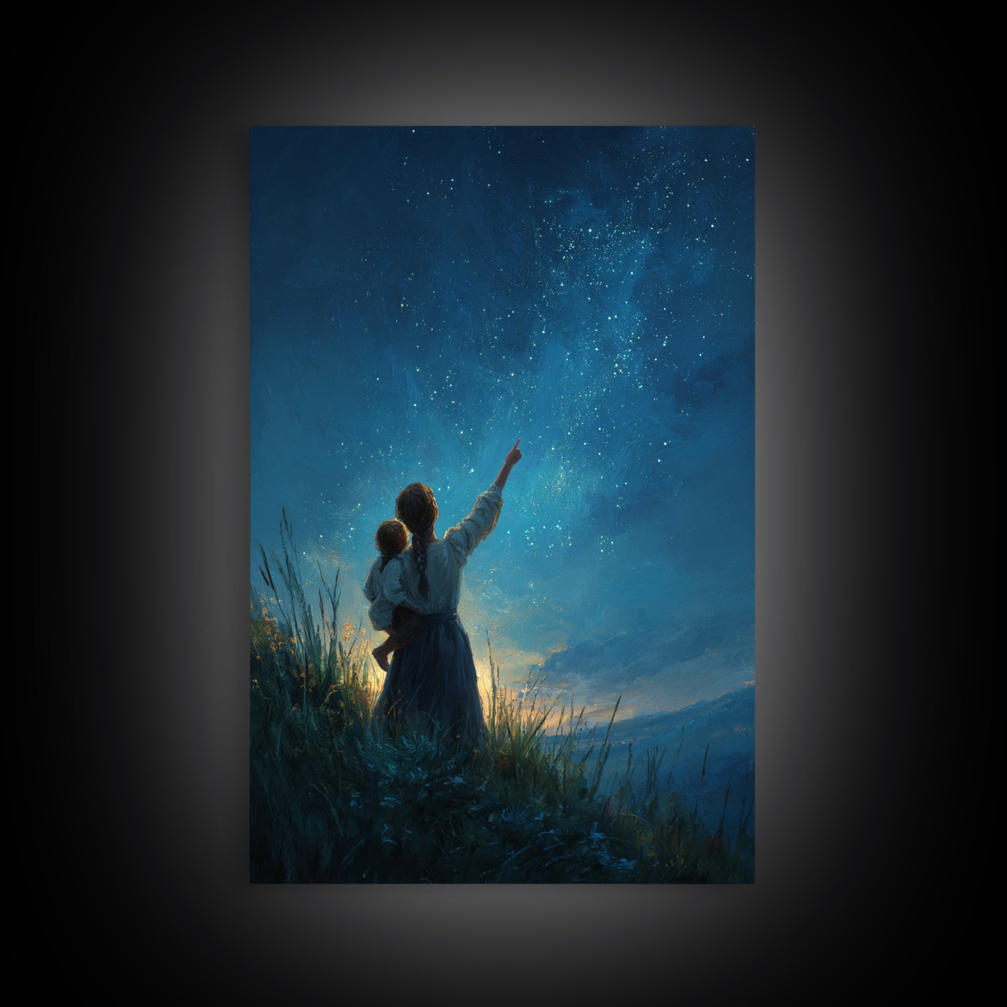 Mother And Child Stargazing At Milky Way Framed Canvas Print, Celestial Wall Art, Night Sky Decor, Nursery Gift, Mystical Home Decor