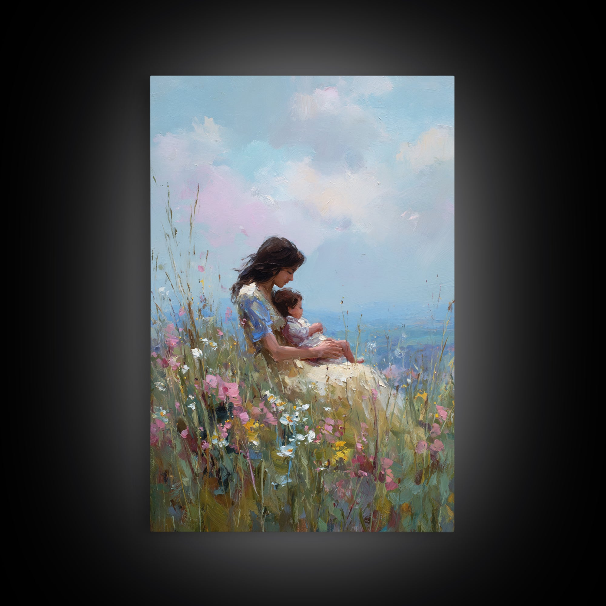Mother Holding Baby In Wildflower Meadow Canvas Print, Impressionist Floral Wall Art, Nursery Decor, Gift For Her, Mothers Day Gift