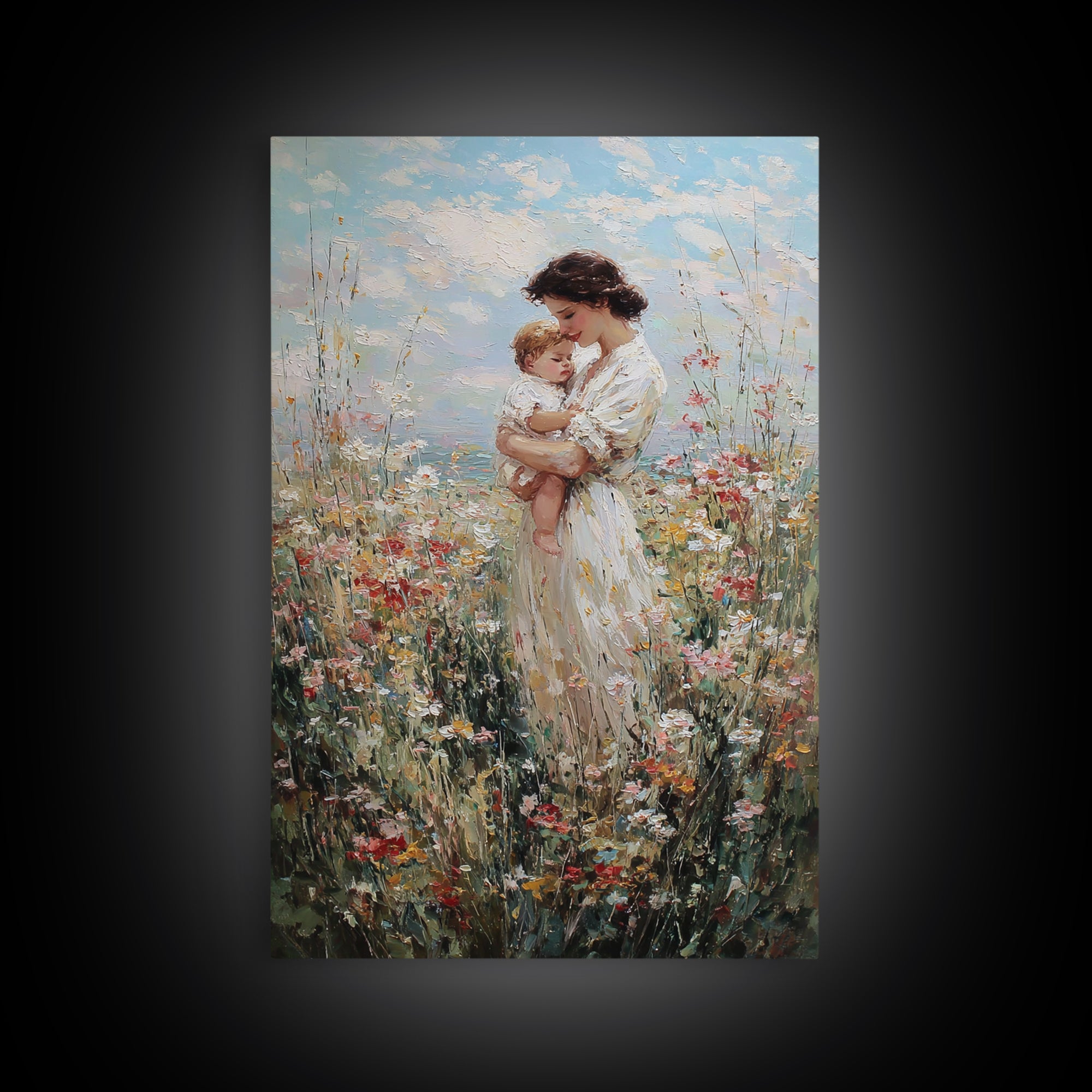 Mother Holding Baby In Sunlit Wildflowers Framed Canvas Print, Impressionist Floral Wall Art, Motherhood Gift, Nursery Decor