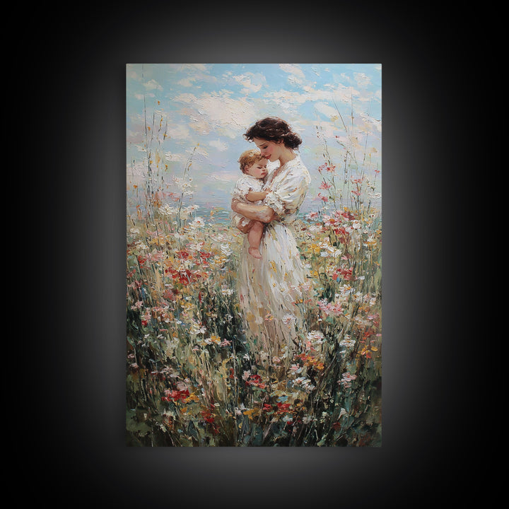 Mother Holding Baby In Sunlit Wildflowers Framed Canvas Print, Impressionist Floral Wall Art, Motherhood Gift, Nursery Decor