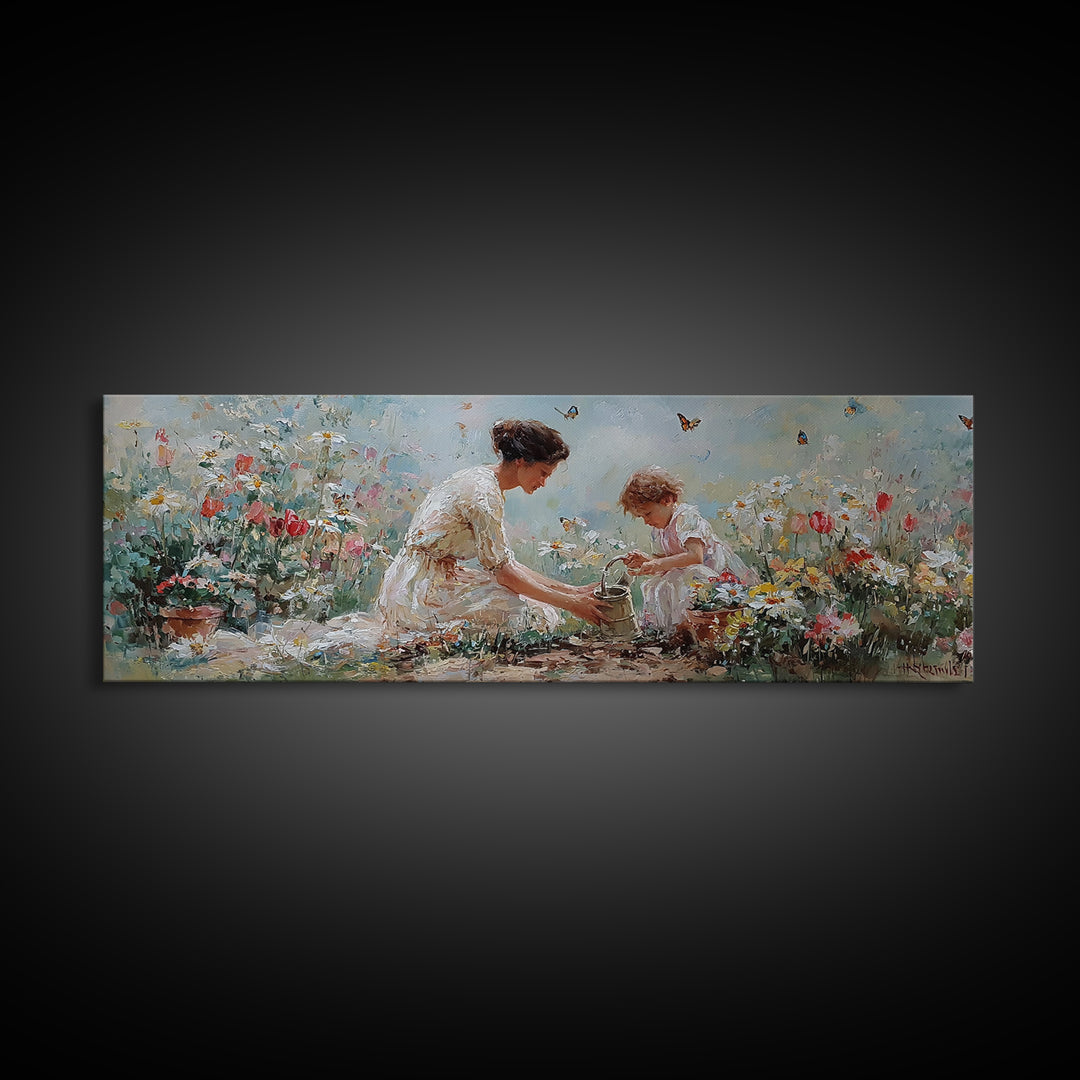 Mother And Child Garden Wall Art, Impressionist Wildflower Meadow Canvas Print, Feminine Nursery Decor Gift For Mom Home Decor