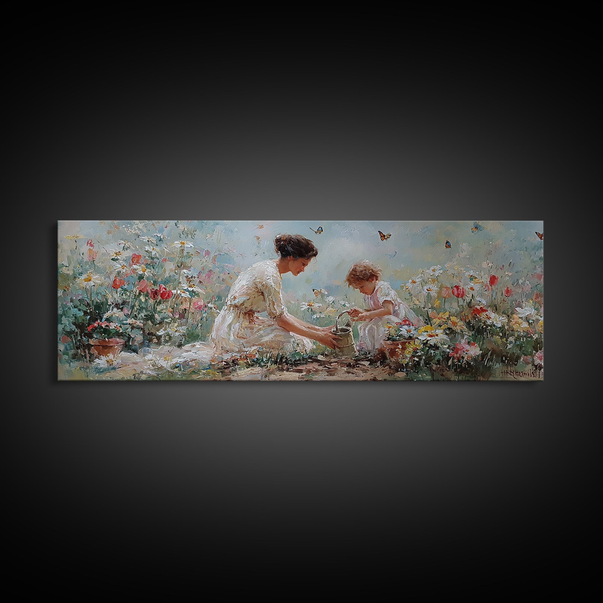 Mother And Child Garden Wall Art, Impressionist Wildflower Meadow Canvas Print, Feminine Nursery Decor Gift For Mom Home Decor