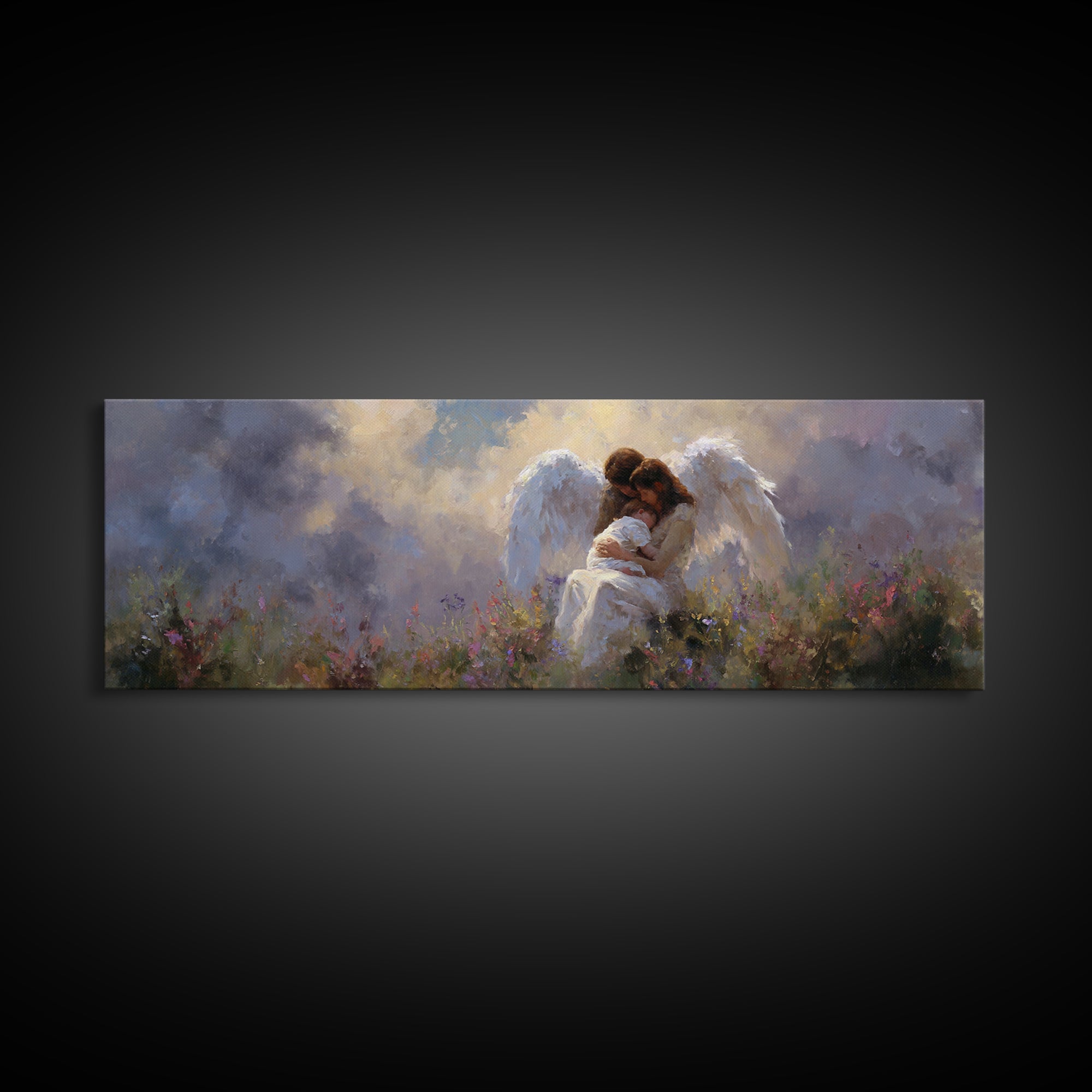 Guardian Angel And Child Wall Art, Ethereal Wildflower Meadow Framed Canvas Print, Christian Nursery Decor Gift For Baby Room