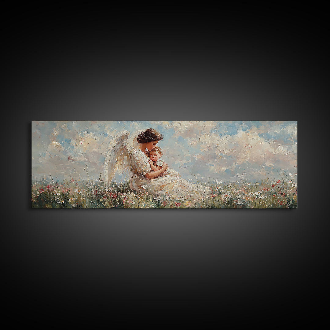 Angel Mother Holding Baby Wall Art, White Wings Wildflower Field Canvas Print, Christian Nursery Decor Gift For Mom Home Decor