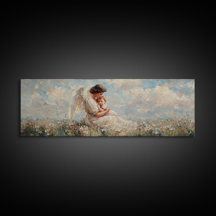 Angel Mother Holding Baby Wall Art, White Wings Wildflower Field Canvas Print, Christian Nursery Decor Gift For Mom Home Decor