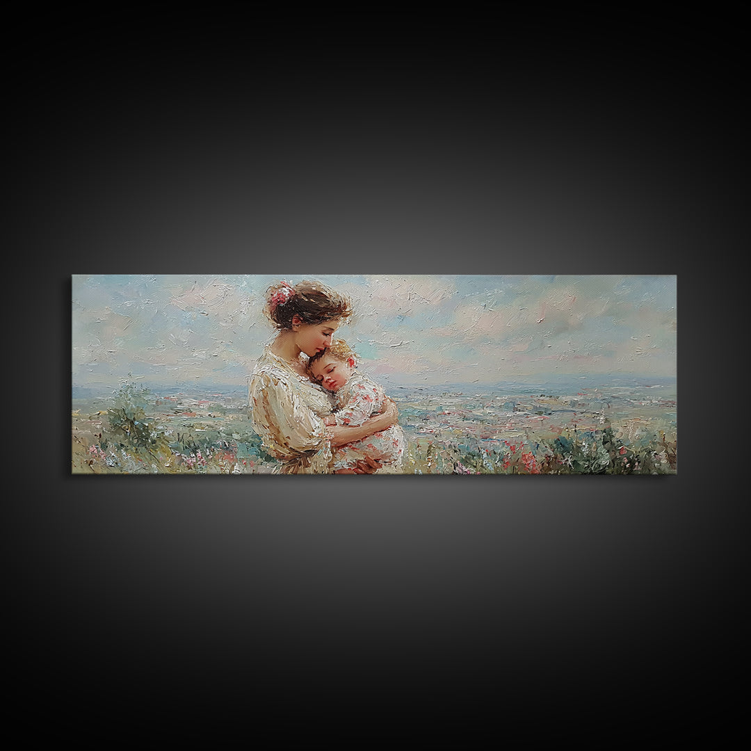 Mother Holding Sleeping Baby Wall Art, Tender Wildflower Landscape Canvas Print, Feminine Nursery Decor Gift For Mom Home Decor