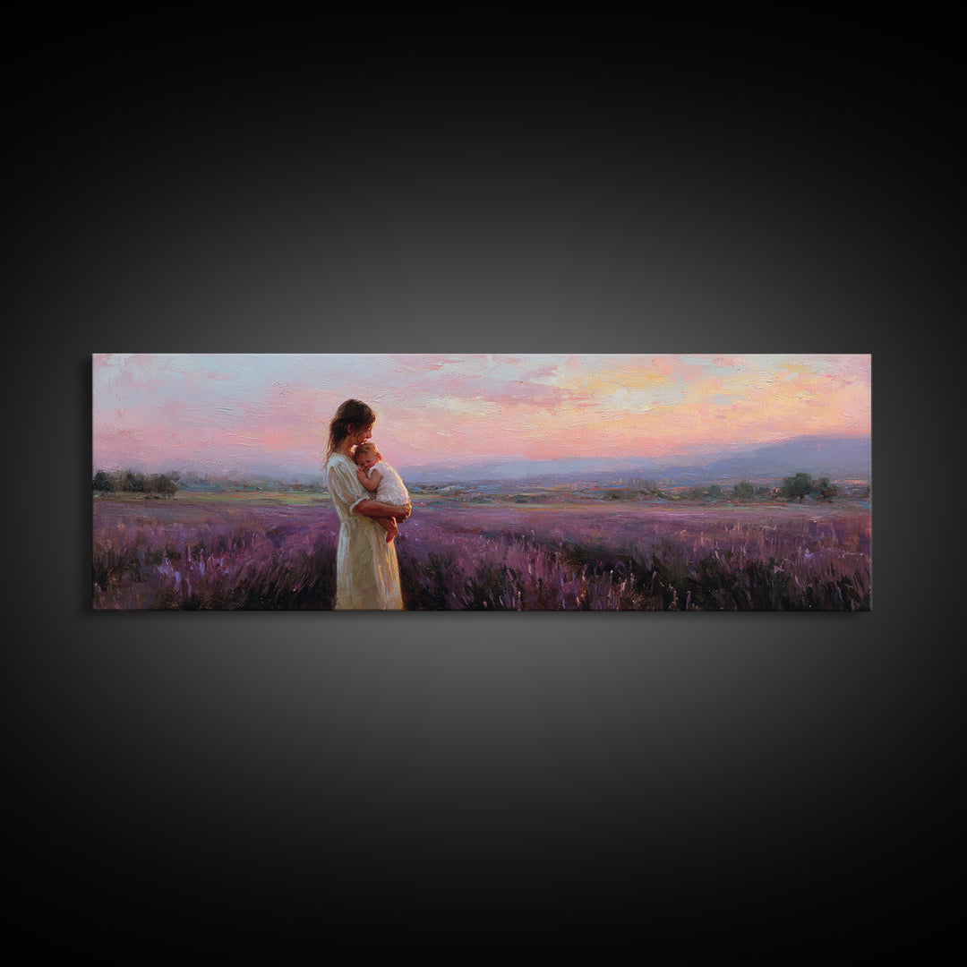 Mother And Baby Lavender Field Wall Art, Sunset Landscape Canvas Print, Purple Romantic Bedroom Decor Gift For Mom Home Decor