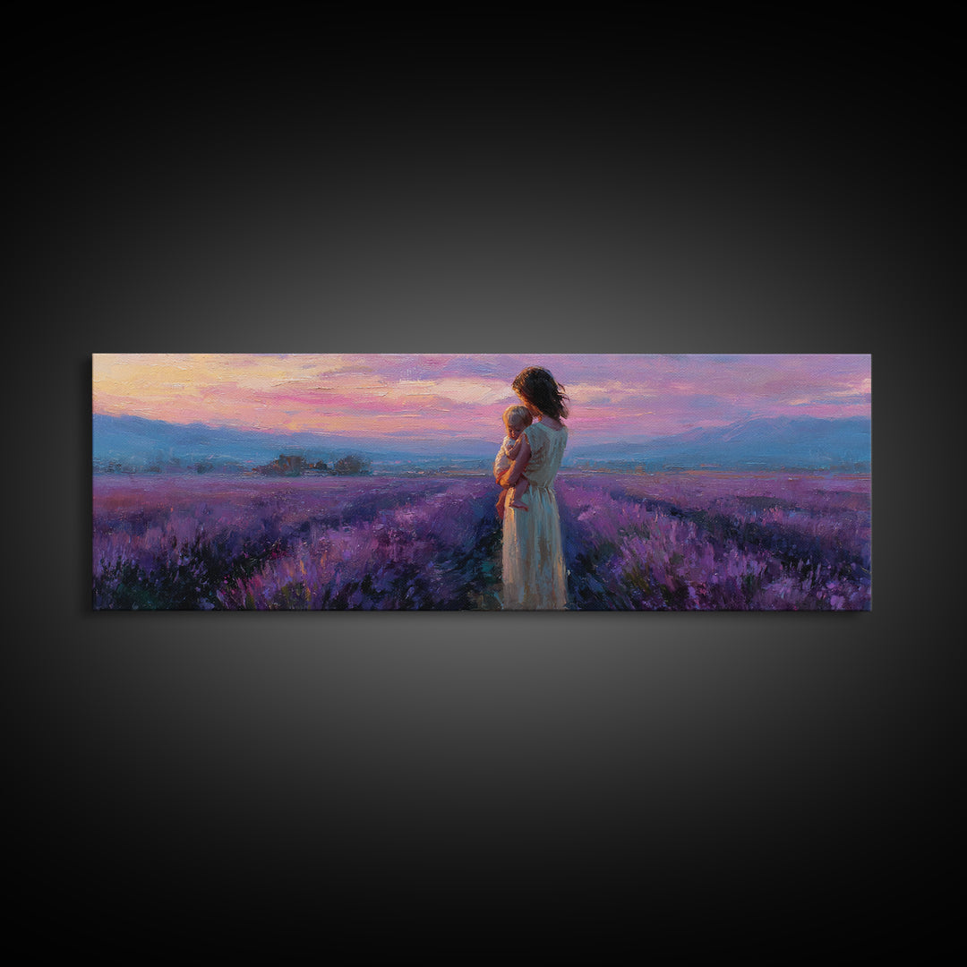Mother And Baby Lavender Path Wall Art, Sunset Provence Landscape Framed Canvas Print, Romantic Bedroom Decor Gift For Mom