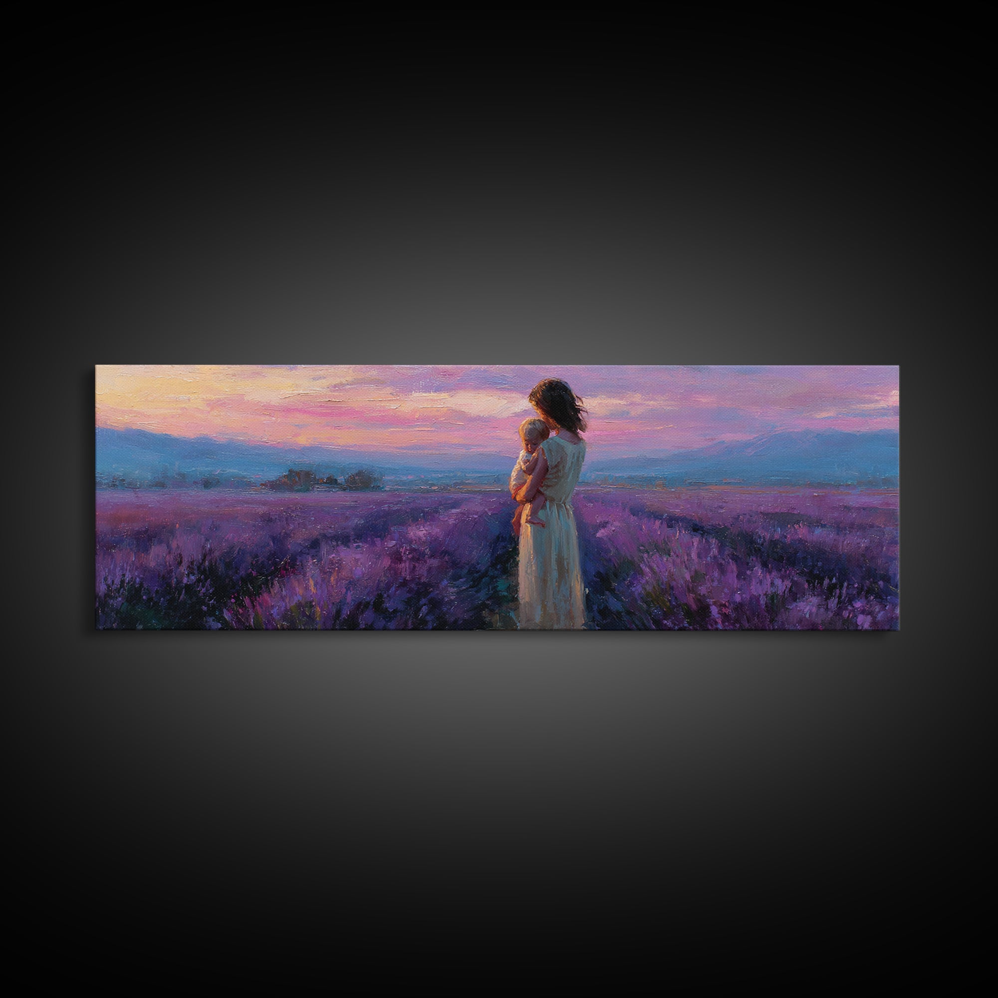 Mother And Baby Lavender Path Wall Art, Sunset Provence Landscape Framed Canvas Print, Romantic Bedroom Decor Gift For Mom