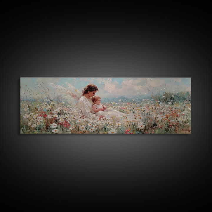 Angel Mother And Baby Daisy Meadow Wall Art, Heavenly Wildflower Canvas Print, Christian Nursery Decor Gift For Mom Home Decor