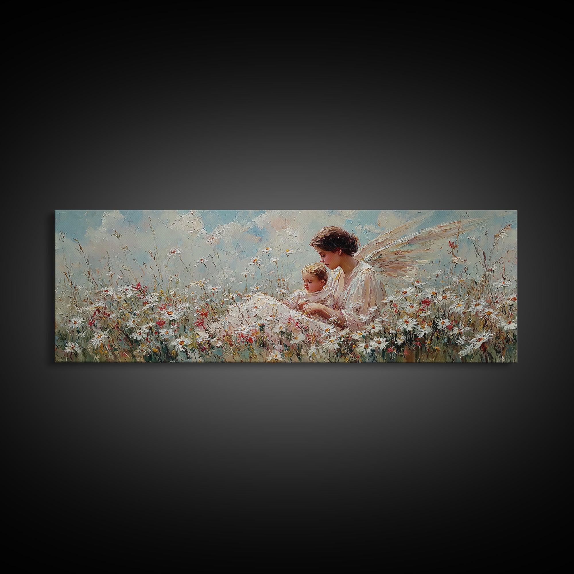 Angel Mother And Child In Wildflower Meadow Wall Art, Christian Nursery Decor, Angel Canvas, Motherhood Gift For Her, Serene Home Decor