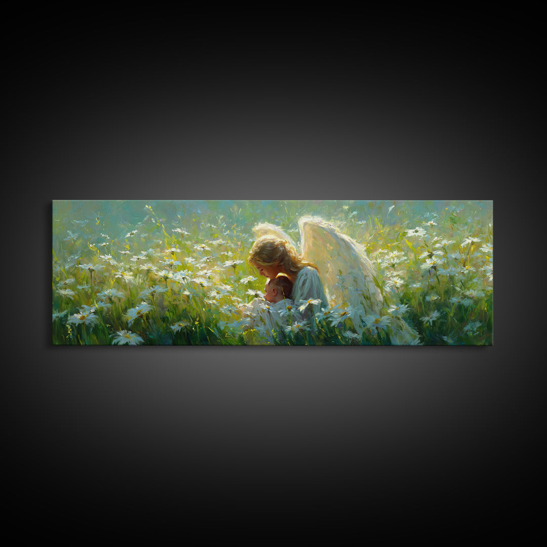 Guardian Angel Holding Baby In Daisy Meadow Framed Canvas Print, Christian Wall Art, Nursery Decor, Motherhood Gift For Her