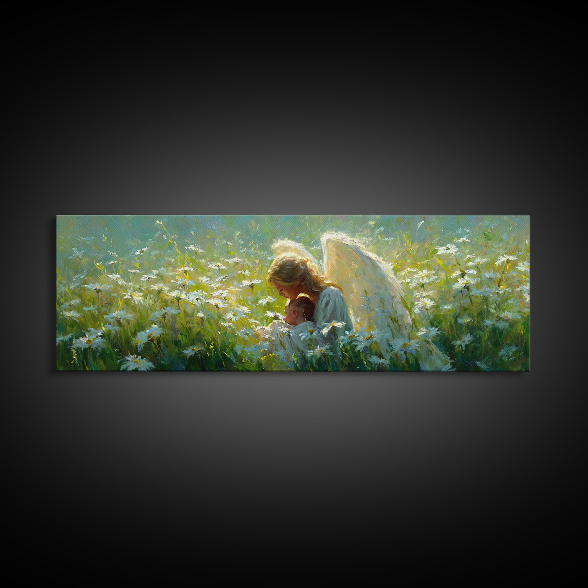 Guardian Angel Holding Baby In Daisy Meadow Framed Canvas Print, Christian Wall Art, Nursery Decor, Motherhood Gift For Her