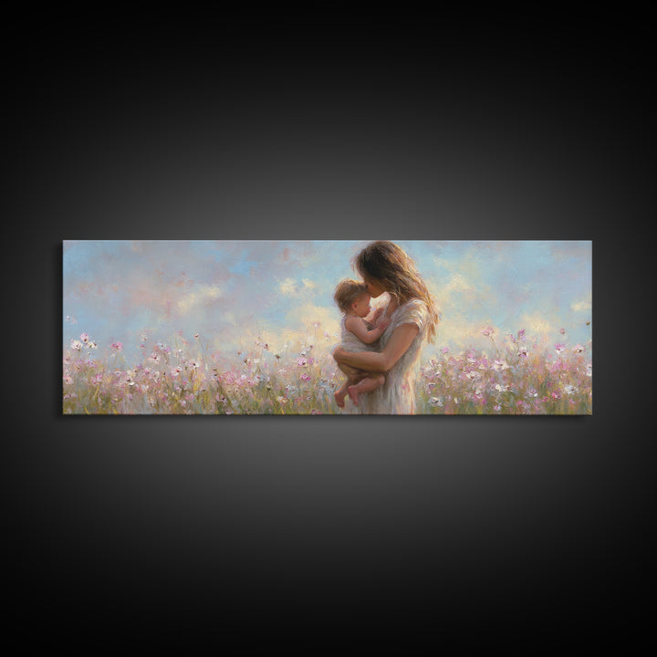Tender Mother Holding Baby In Pastel Wildflowers Canvas Print, Motherhood Wall Art, Nursery Decor, Gift For Mom, Baby Shower Gift