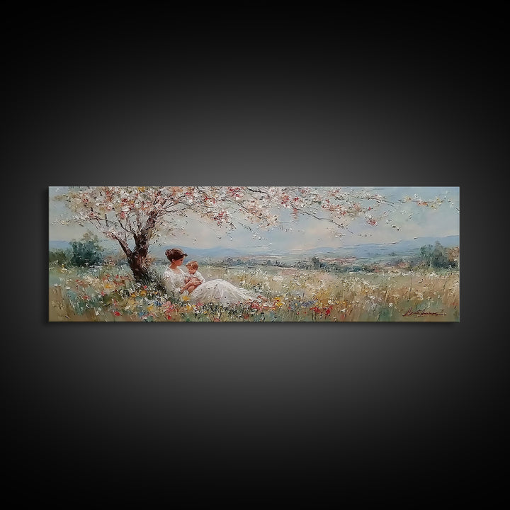 Mother And Baby Under White Blossom Tree In Meadow Framed Canvas Print, Floral Wall Art, Valley Landscape, Nursery Decor