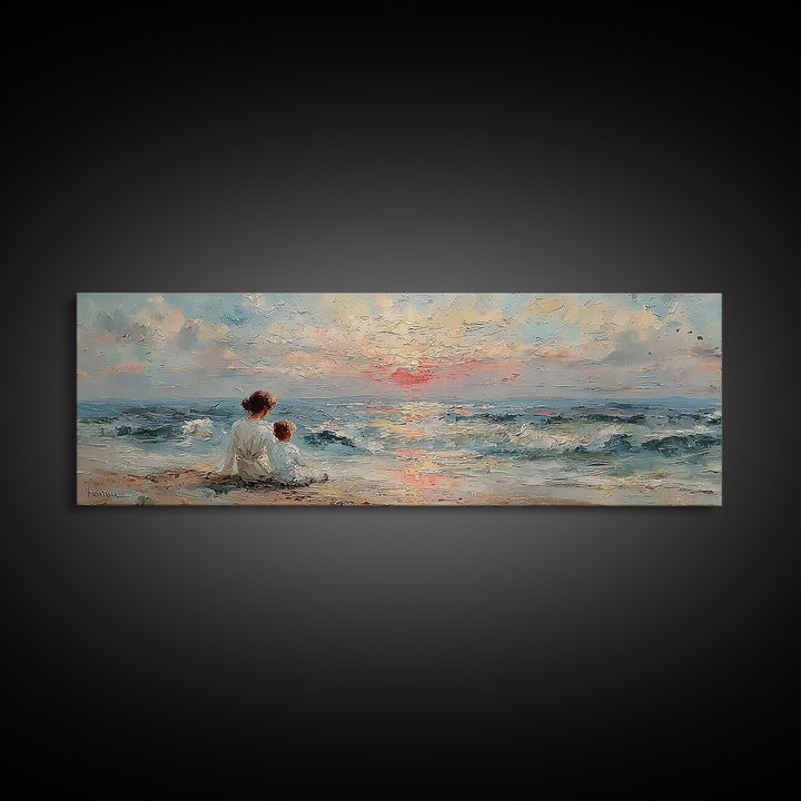 Mother And Child Watching Ocean Sunset Wall Art, Coastal Nursery Decor, Beach House Art, Seascape Painting, Gift For Mom