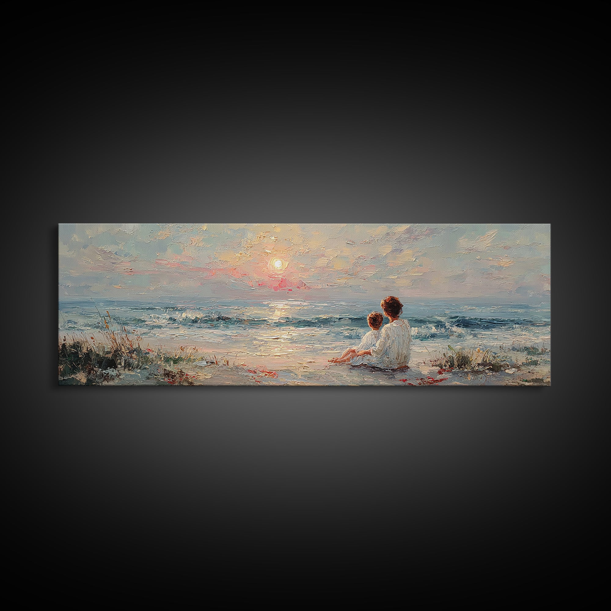 Mother And Child Sitting By Seaside Sunset Canvas Print, Coastal Wall Art, Beach House Decor, Ocean Painting, Gift For Mom