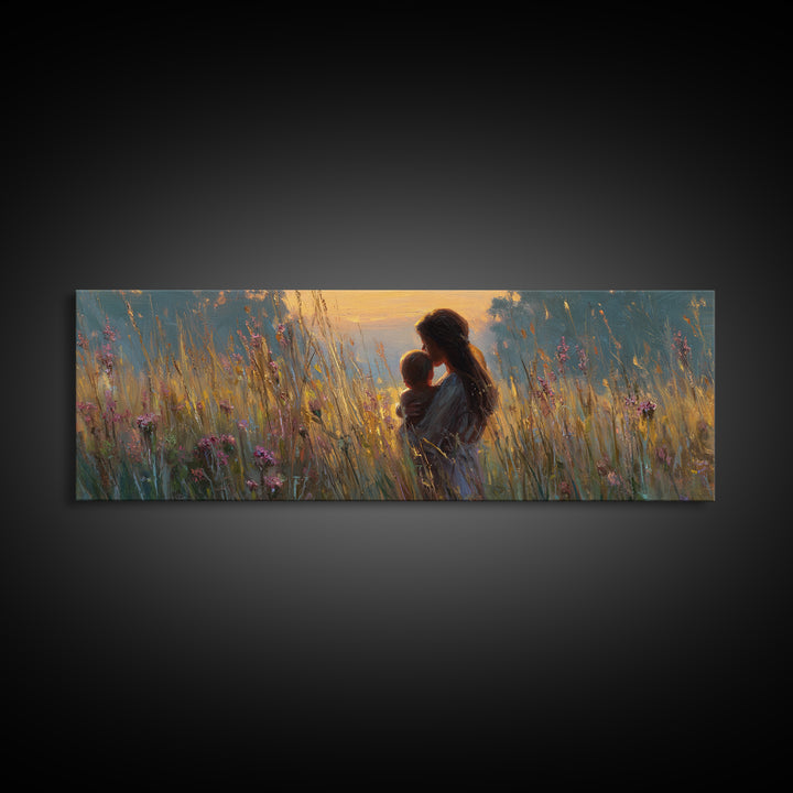 Golden Meadow Mother And Baby Wall Art, Impressionist Wildflower Nursery Decor, Feminine Landscape Canvas Gift For New Mom