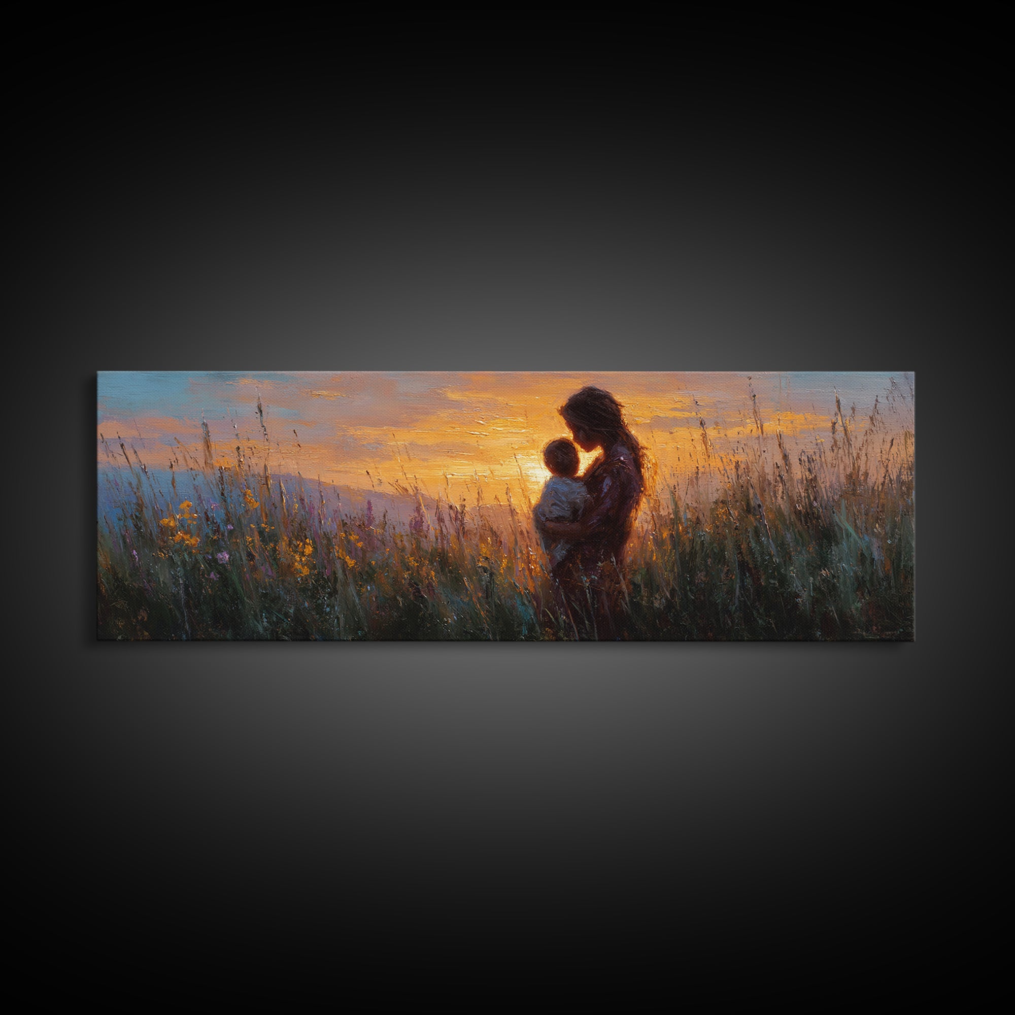 Sunset Meadow Mother And Baby Framed Canvas Print, Impressionist Wildflower Wall Decor, Motherhood Gift For Her, Living Room Art