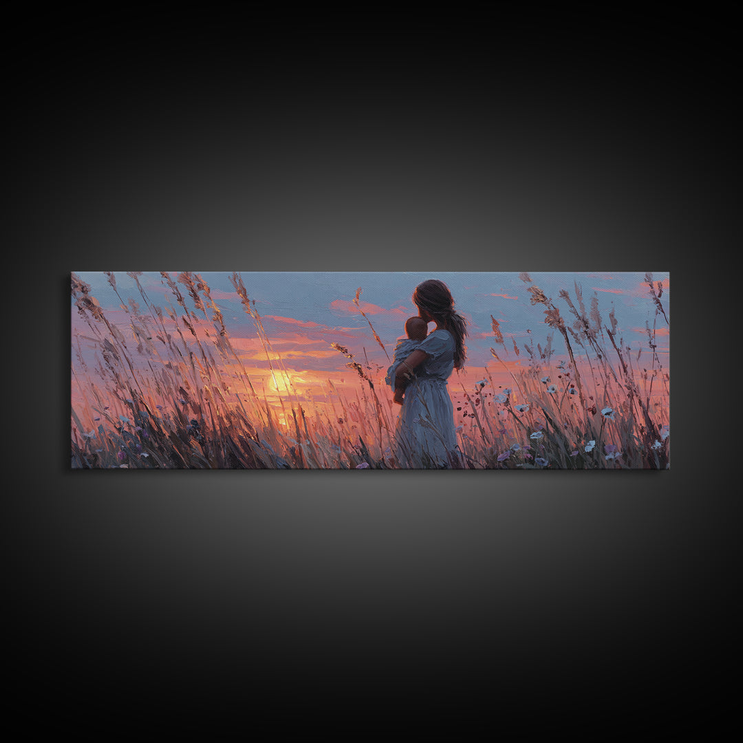 Pink Sunset Mother And Baby Canvas Print, Romantic Wildflower Field Wall Art, Feminine Nursery Decor And Bedroom Gift For Mom