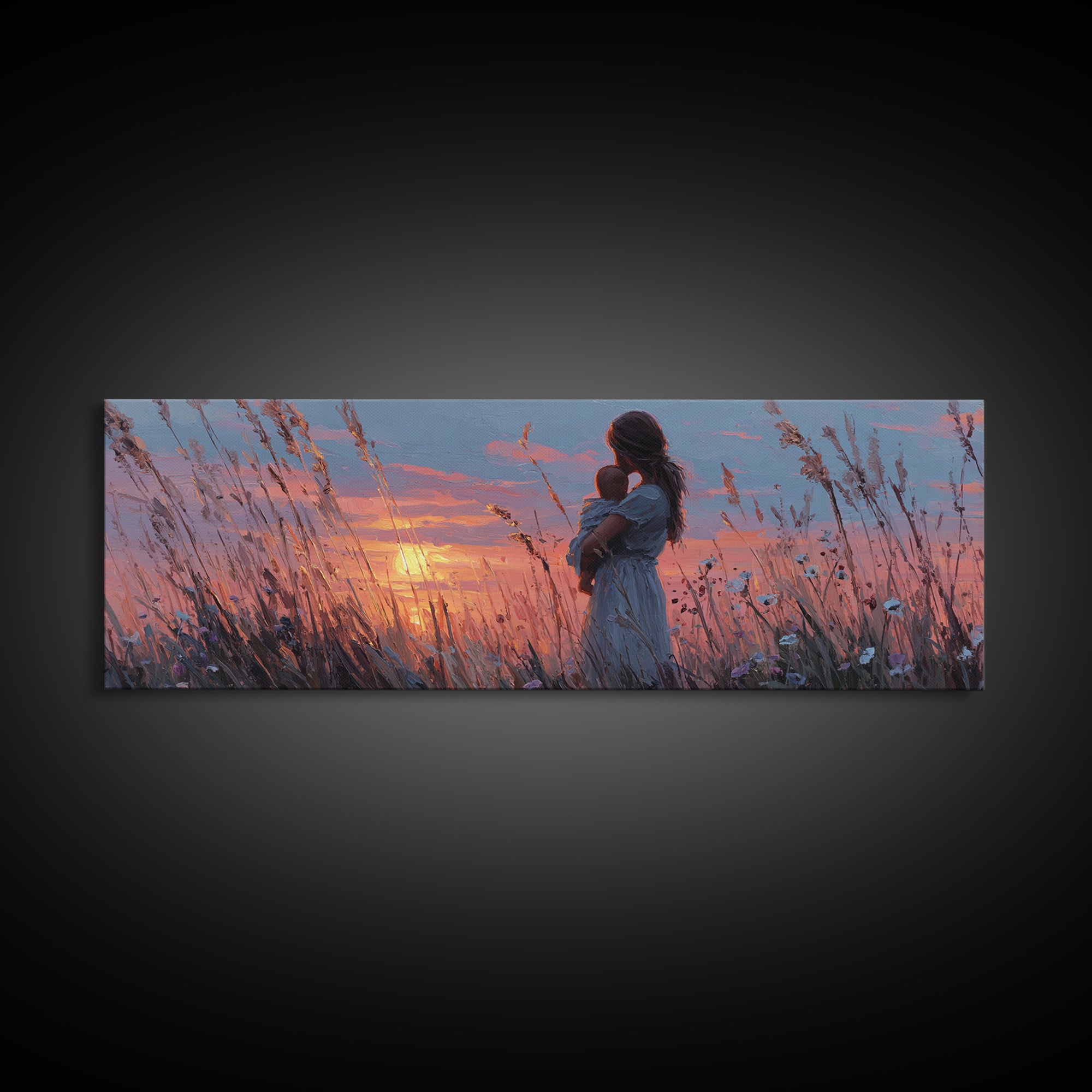 Pink Sunset Mother And Baby Canvas Print, Romantic Wildflower Field Wall Art, Feminine Nursery Decor And Bedroom Gift For Mom