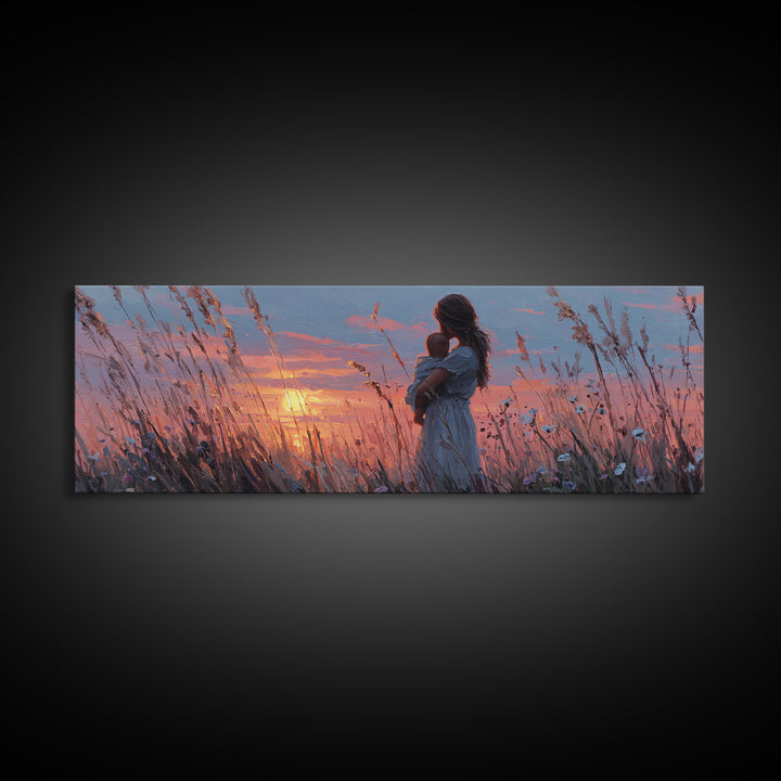 Pink Sunset Mother And Baby Canvas Print, Romantic Wildflower Field Wall Art, Feminine Nursery Decor And Bedroom Gift For Mom