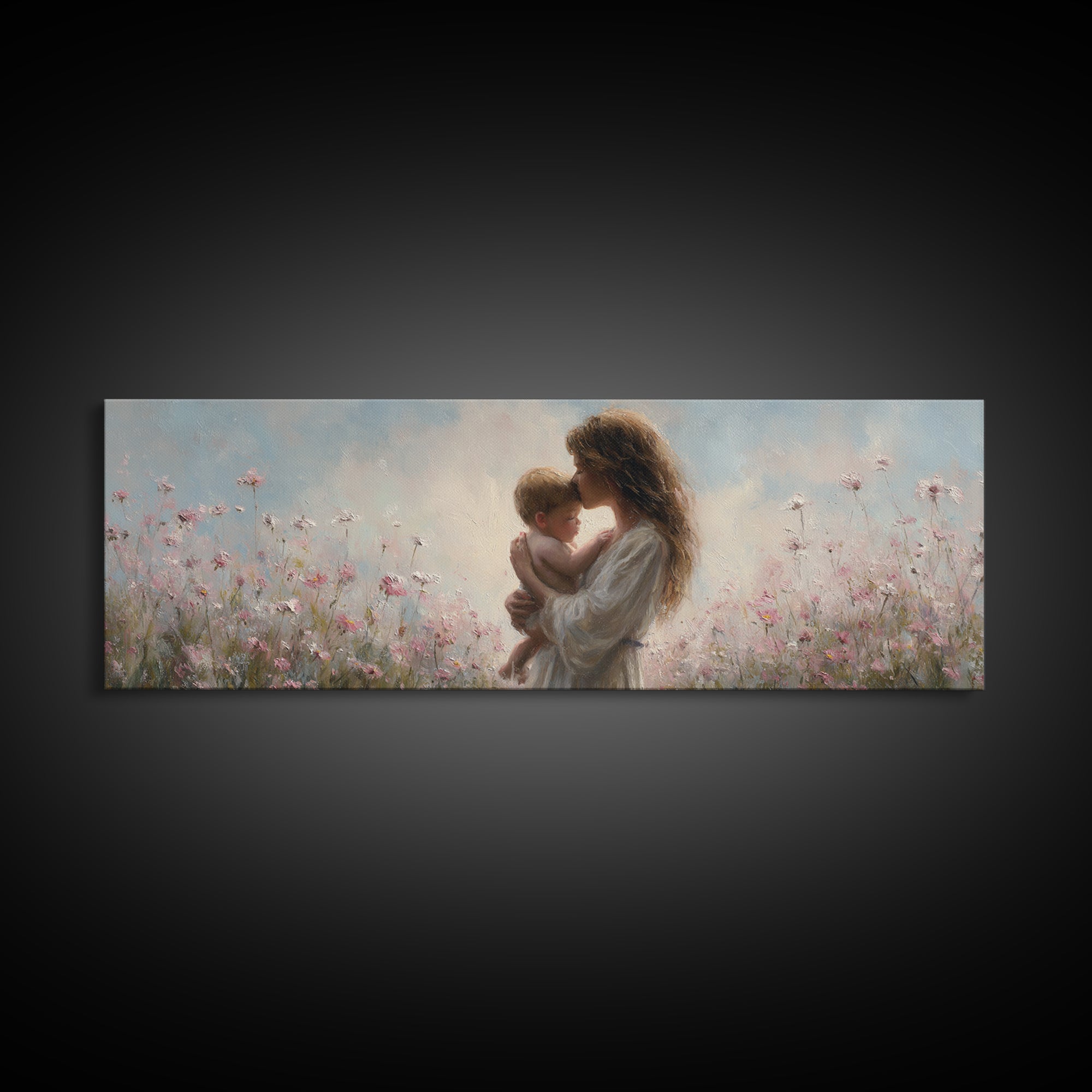Soft Floral Mother And Baby Wall Art, Dreamy Impressionist Wildflower Meadow, Feminine Nursery Decor Gift For Mom Bedroom Decor