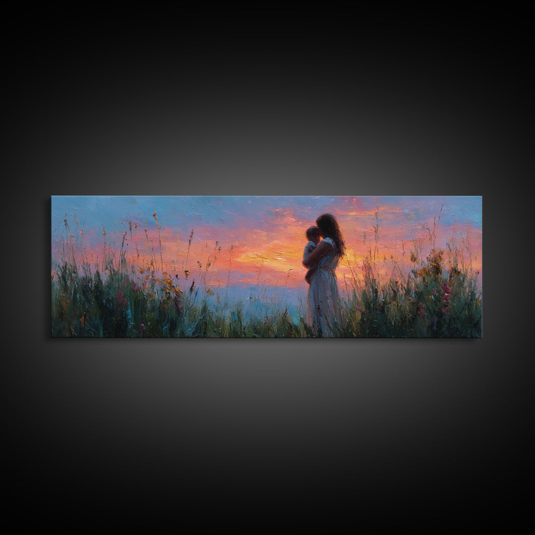 Twilight Meadow Mother And Baby Wall Art, Pink Sunset Wildflower Landscape, Romantic Motherhood Canvas Print For Bedroom