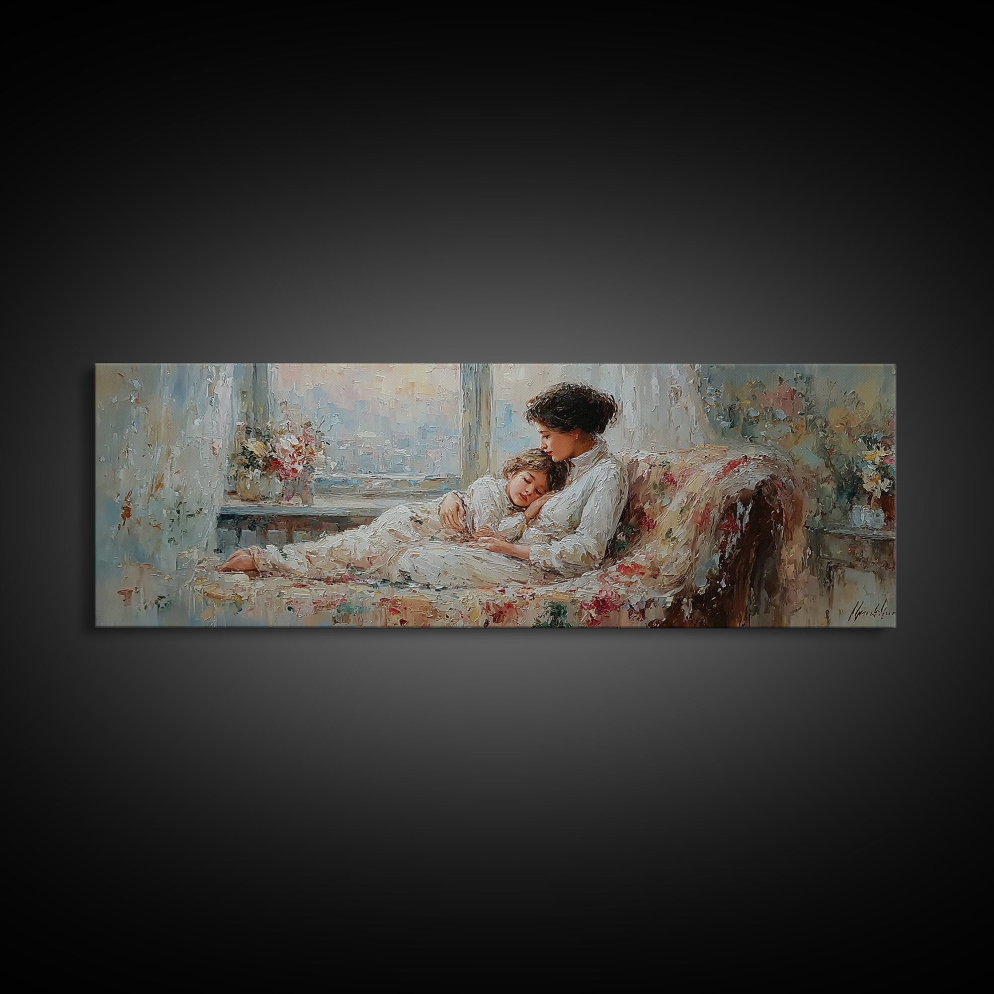 Sleeping Mother And Child On Floral Sofa Wall Art, Cozy Bedroom Decor, Impressionist Motherhood Canvas Print Gift For Mom