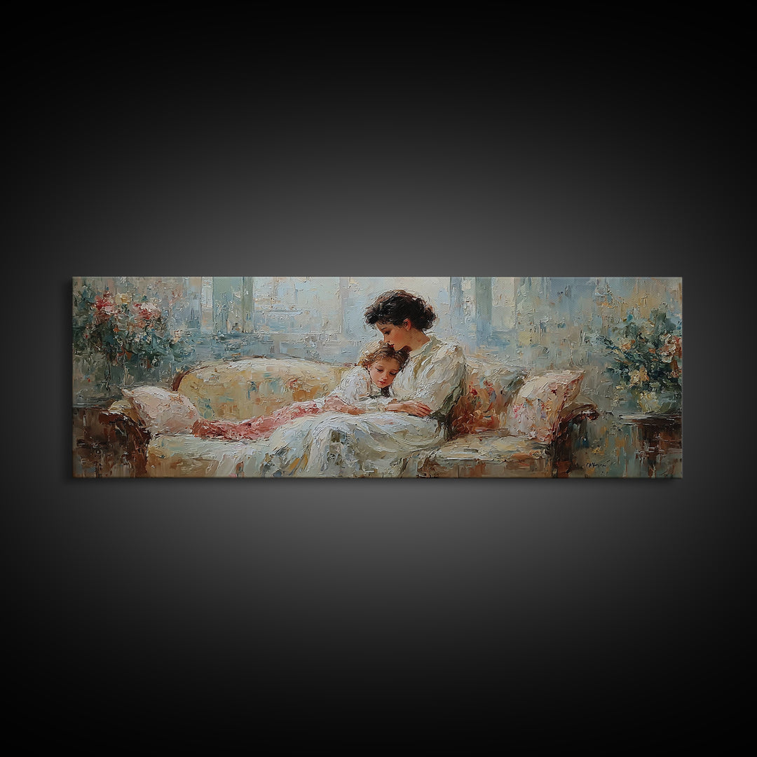 Mother And Child Reading On Floral Sofa Framed Canvas Print, Cozy Home Decor, Feminine Bedroom Wall Art Gift For Her Nursery Decor