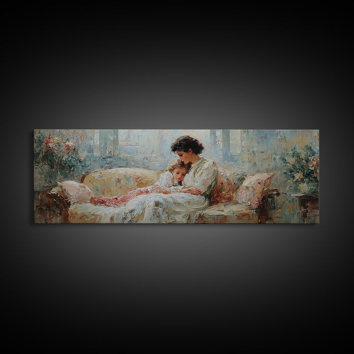 Mother And Child Reading On Floral Sofa Framed Canvas Print, Cozy Home Decor, Feminine Bedroom Wall Art Gift For Her Nursery Decor