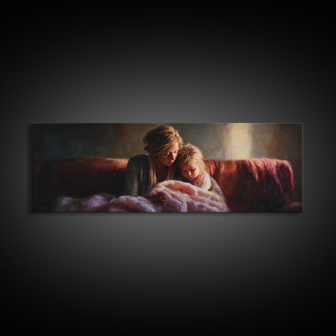 Moody Mother And Daughter Reading Wall Art, Warm Lamplight Sofa Scene, Cozy Bedroom Canvas Print Gift For Mom Living Room Decor