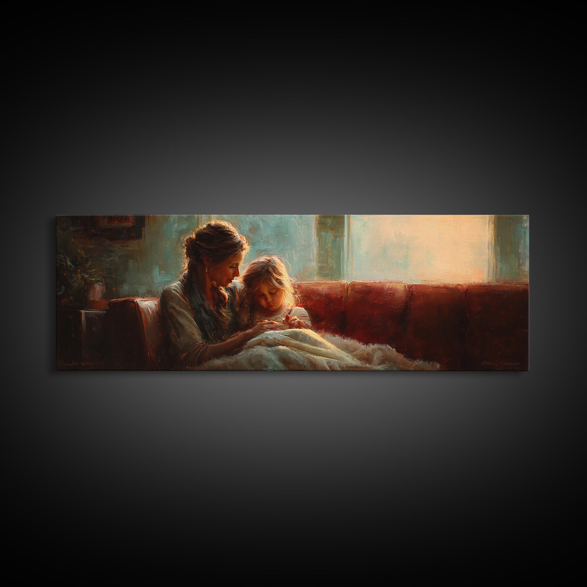Warm Mother And Child Bedtime Story Canvas Print, Cozy Lamplight Sofa Wall Art, Family Living Room Decor Gift For Her Bedroom Decor