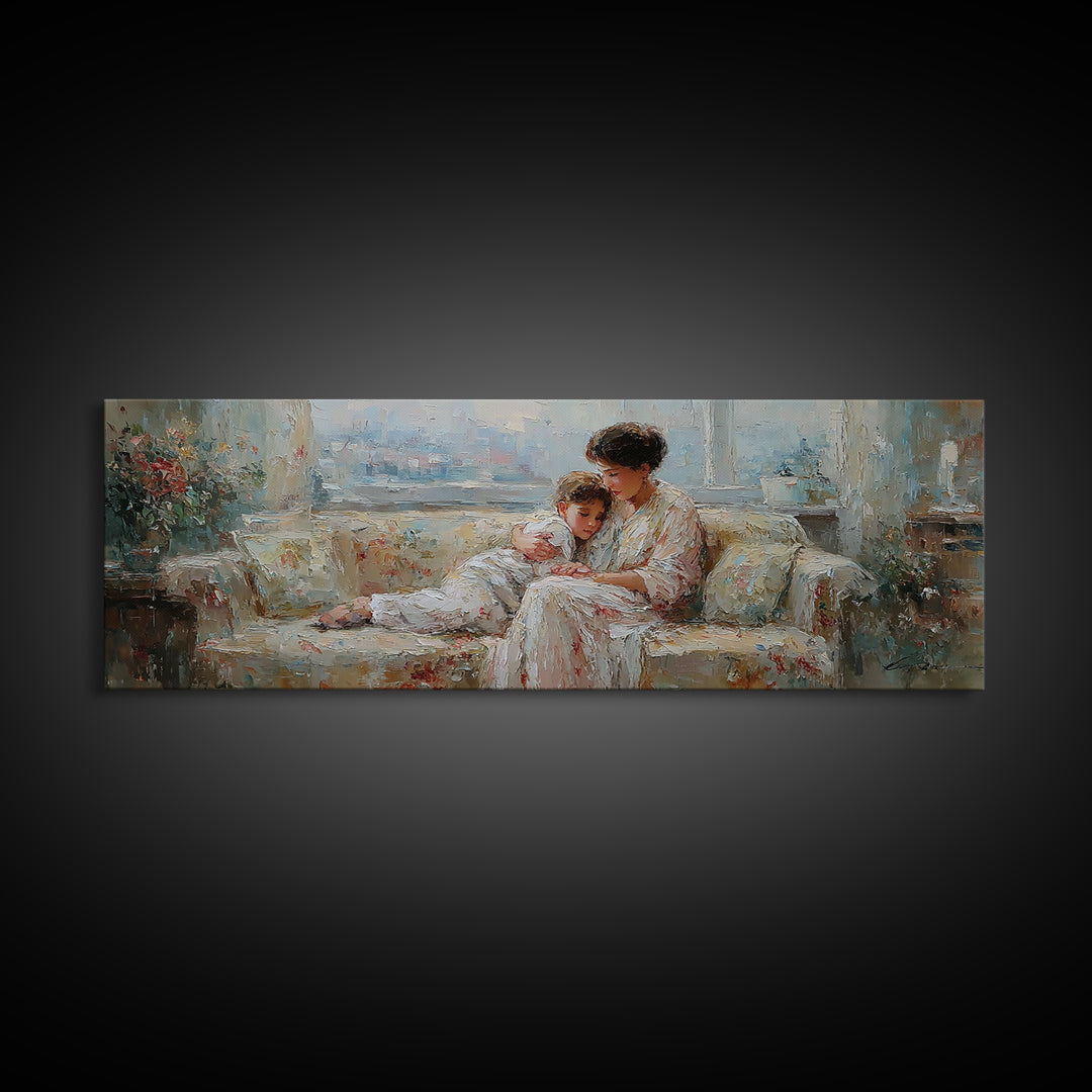 Mother And Child On Floral Sofa Framed Canvas Print, Impressionist Nursery Decor, Feminine Bedroom Wall Art, Gift For Her