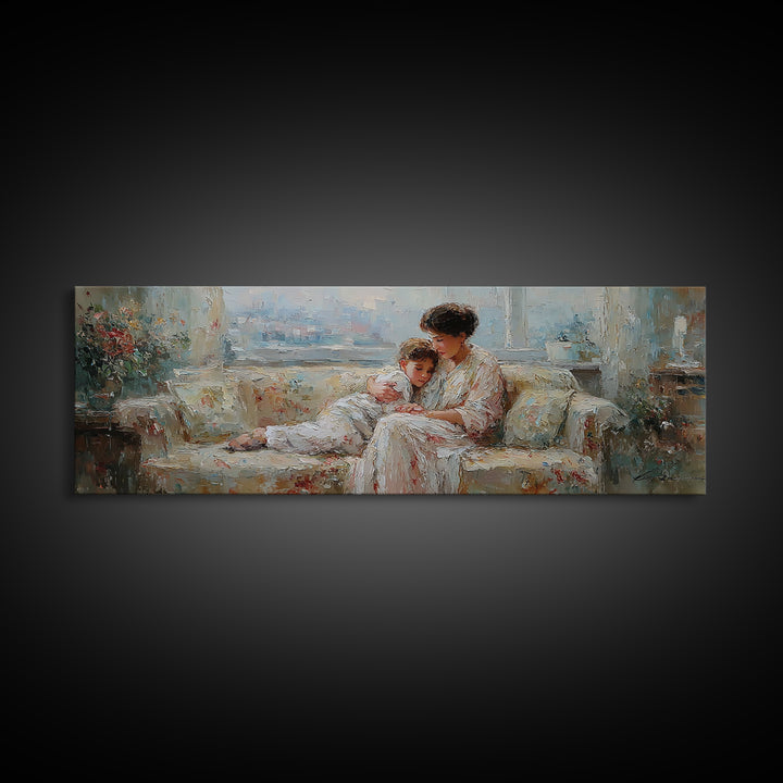 Mother And Child On Floral Sofa Framed Canvas Print, Impressionist Nursery Decor, Feminine Bedroom Wall Art, Gift For Her