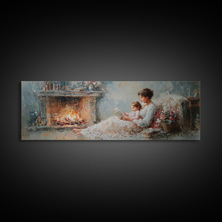 Mother Reading By Fireplace With Child Canvas Print, Cozy Bedroom Wall Art, Impressionist Living Room Decor, Gift For Mom