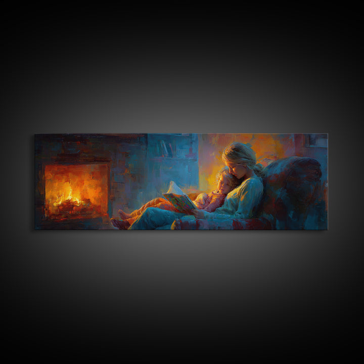 Cozy Mother And Child Reading By Firelight Wall Art, Moody Impressionist Canvas Print, Dark Academia Living Room Decor Gift