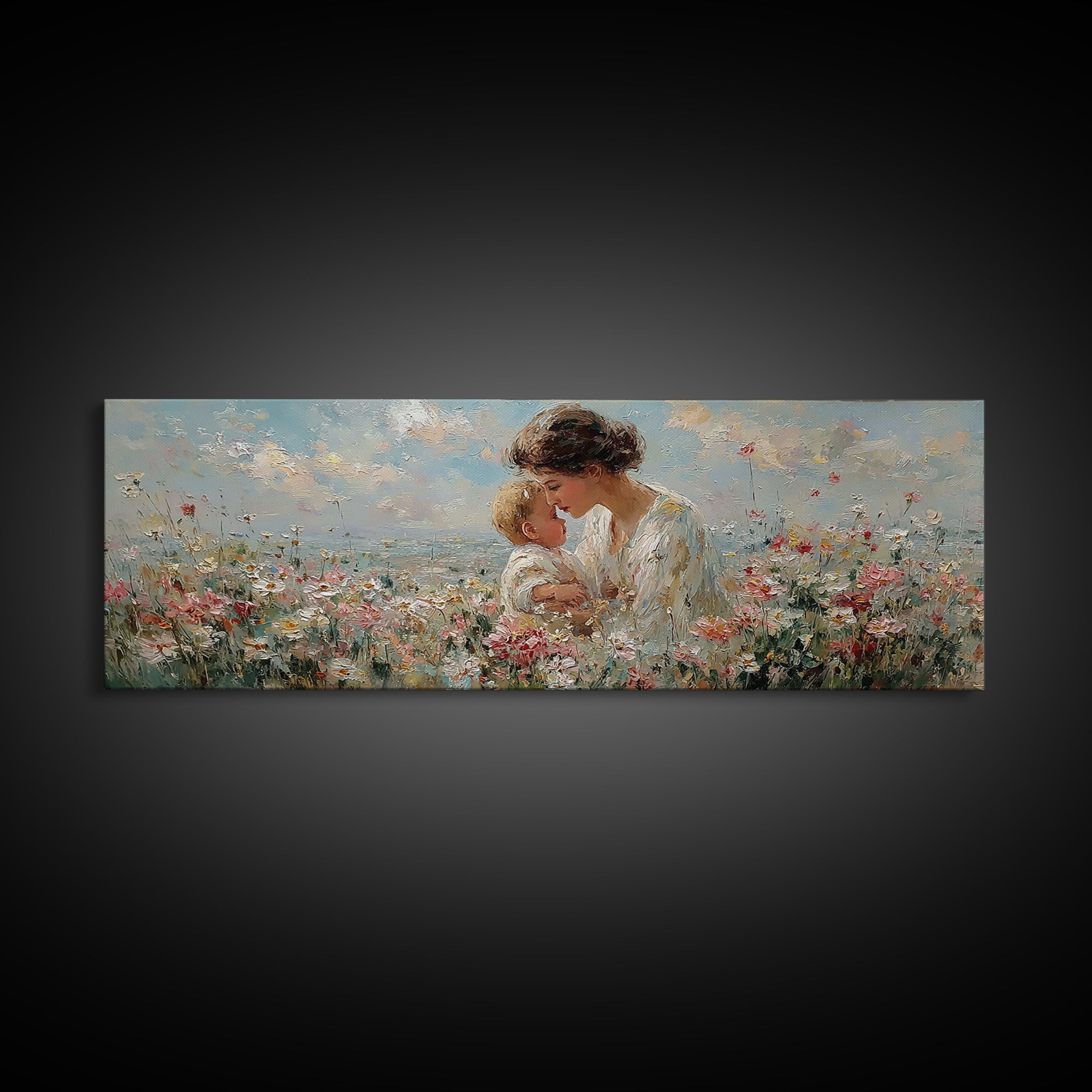 Mother Kissing Baby In Wildflower Meadow Framed Canvas Print, Feminine Floral Wall Art, Soft Nursery Decor, Gift For Her