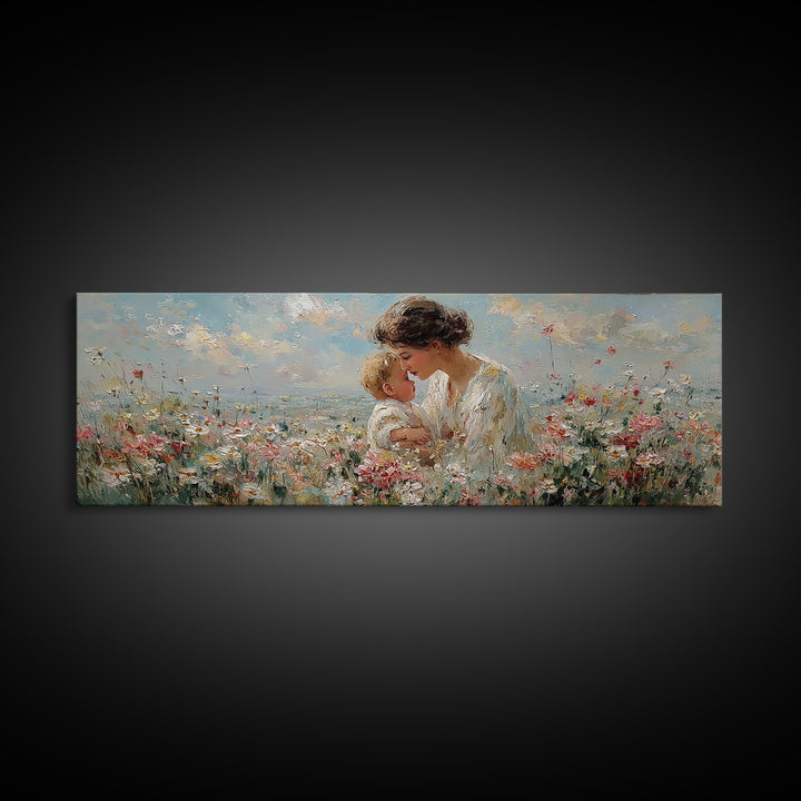 Mother Kissing Baby In Wildflower Meadow Framed Canvas Print, Feminine Floral Wall Art, Soft Nursery Decor, Gift For Her