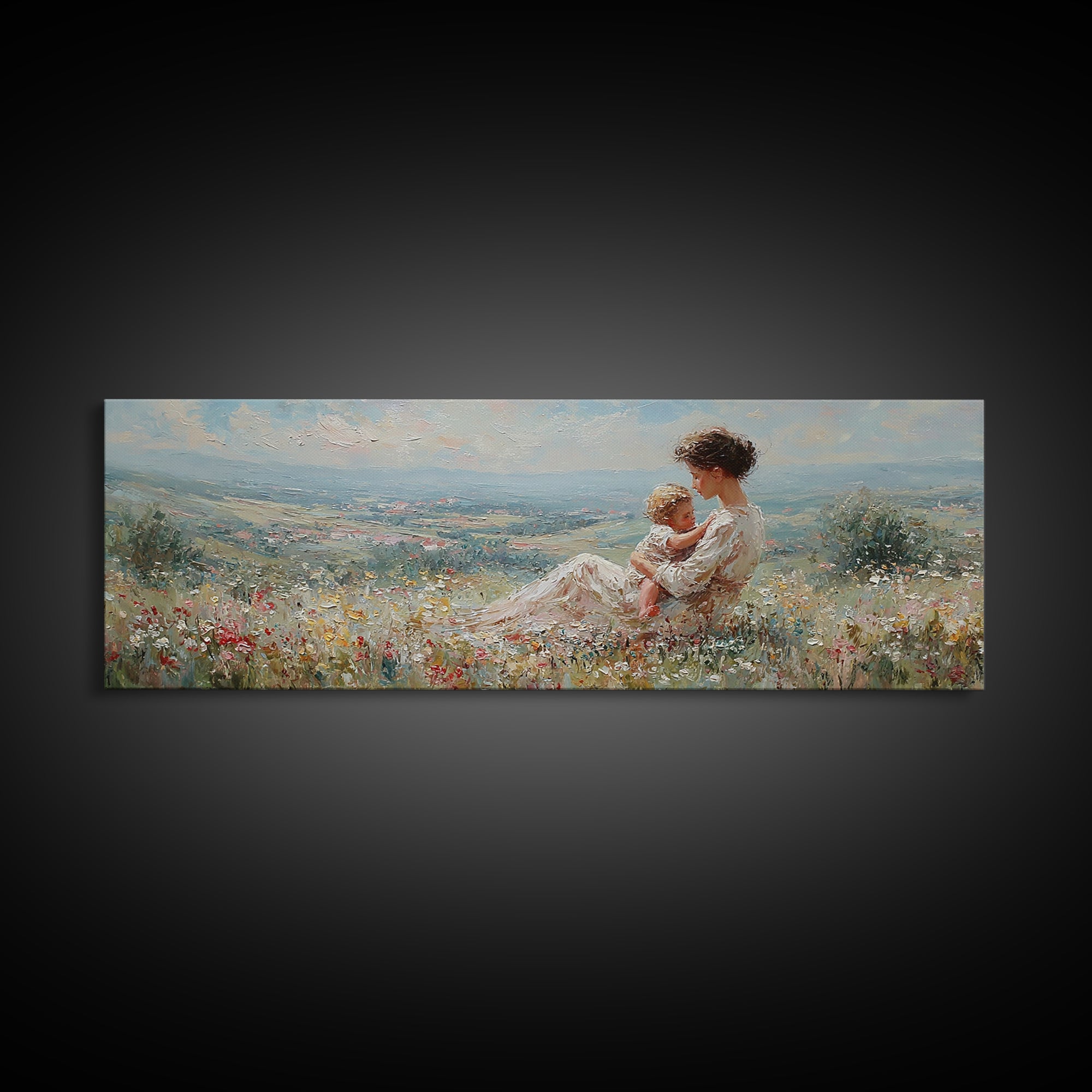 Mother Holding Baby In Sunlit Meadow Canvas Print, Panoramic Landscape Wall Art, Floral Nursery Decor, Housewarming Gift