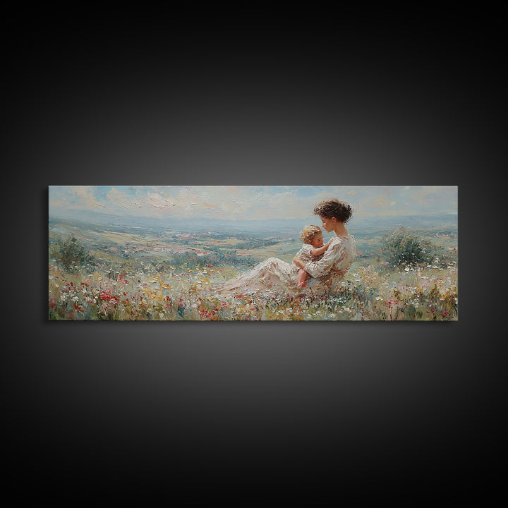 Mother Holding Baby In Sunlit Meadow Canvas Print, Panoramic Landscape Wall Art, Floral Nursery Decor, Housewarming Gift