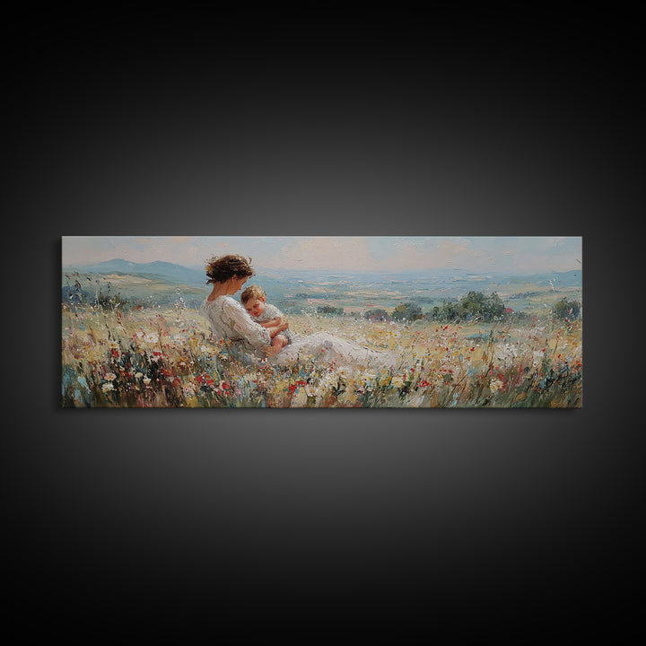 Mother And Baby Resting In Wildflowers Wall Art, Impressionist Landscape Canvas Print, Feminine Nursery Decor, Gift For Mom