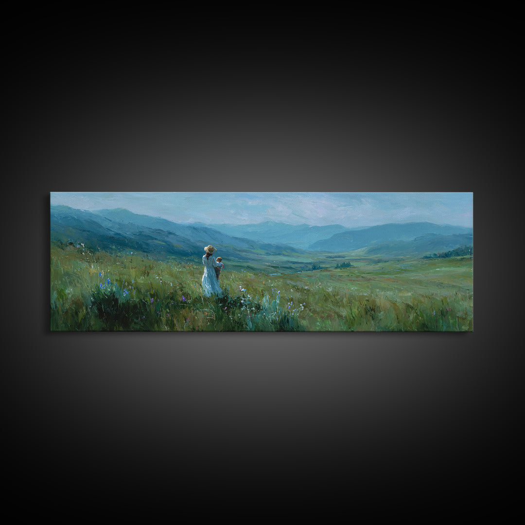 Mother And Child Over Mountain Valley Framed Canvas Print, Panoramic Landscape Wall Art, Blue Green Nature Decor Gift For Her